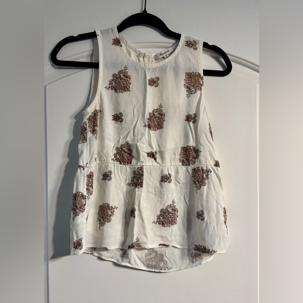 Madewell Sleeveless Peplum Top Women XS‎ White Paisley Boho Earthy Romantic